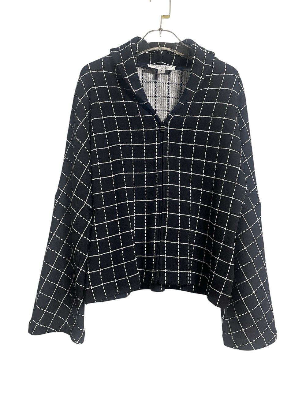 St. John Santana Knit Black Grid Windowpane Zip Up Wide Sleeve Jacket